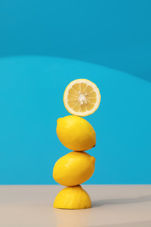 A pyramid of juicy yellow lemons on a blue background. Creative concept of fruits, citrus fruits.