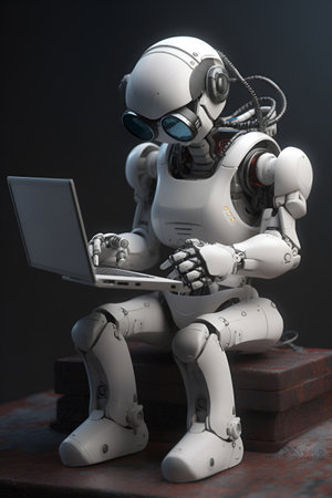 Toy robot types on laptop keyboard sitting on rust metal block AI generative imageの素材