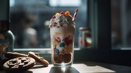 Amazing milkshake with ice and candies in glass cup AI generative illustrationの素材
