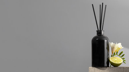 Black glass diffuser with the scent of flowers and lime. Perfumes for the room. Copy space. Bannerの写真素材
