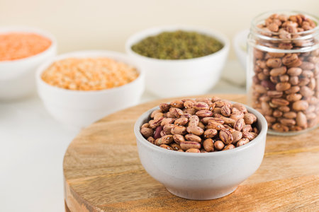 Raw pink beans in a bowl. Protein protein. Healthy eating.の写真素材