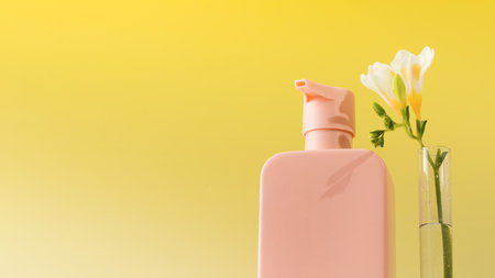 Pink dispenser with liquid cosmetic for routine care in the bathroom. Skin and hair care. Copy spaceの写真素材