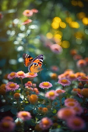 Colorful butterflies fly over colorful flowers. Generative illustration of AI. Digital visual contentの素材