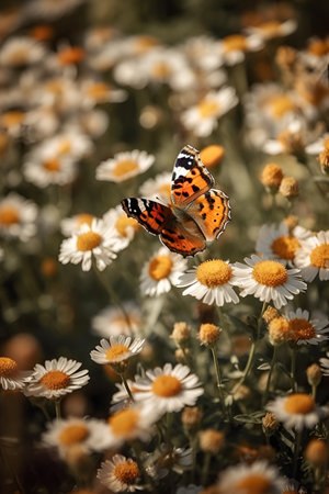 Colorful butterflies fly over daisy flowers. Generative illustration of AI. Digital visual contentの素材
