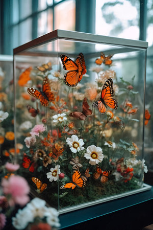 Butterflies fly over blossoming carnations by greenhouse window AI generativeの素材