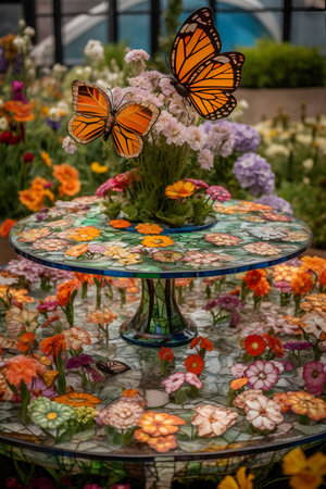 Butterflies fly over blossoming carnations by greenhouse window AI generativeの素材