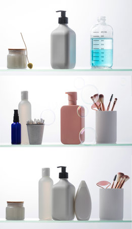 A set of cosmetics for the care and youth of the skin on a glass shelf. Layouts with a place for your .の写真素材
