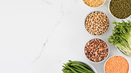 Legumes in glass jars top view on white background. Vegetable protein, healthy eating. Copy space