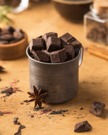 Cubes of dark artisan chocolate on a wooden background. Organic bitter chocolate