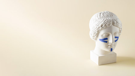 Blue tapes for the face on the bust on a beige background. Non-surgical facelift, rejuvenation. Copy...