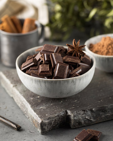 Cubes of dark artisan chocolate in a bowl. Bitter chocolate