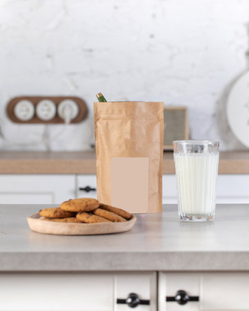A brown kraft paper bag with a label layout on the kitchen table with a plate of cookies and a glass of milk.の写真素材