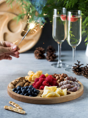 Wooden plate with various snacks on the New Years table. Assorted cheeses, sausages, nuts in a menazhnitsa.の写真素材