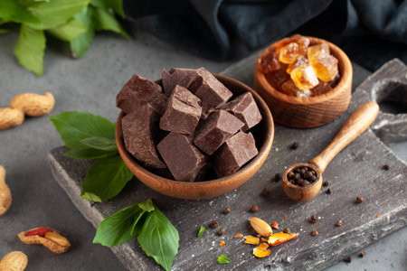 Assorted pieces of chocolate with caramel flavor in a wooden bowl. Handmade artisan chocolate.の写真素材