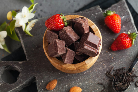 Pieces of natural artisan chocolate with strawberry flavor.の写真素材
