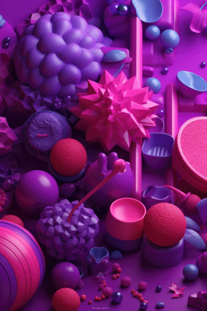 Abstract picture with pink and purple geometric shapes, berries and fruits AI generativeの素材