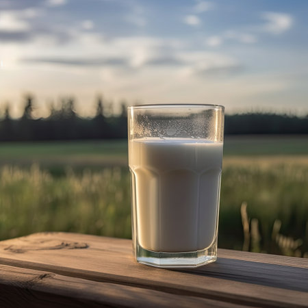 Transparent glass of fresh milk on the background of the field. AI generatingの素材