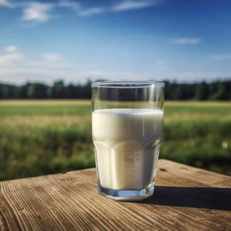 A glass of fresh cows milk on a wooden board on a green field background. AI generatingの素材