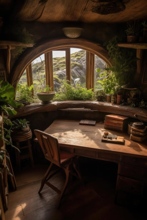 The interior of the workplace is surrounded by a lot of home plants. Eco-friendly. AI generatingの素材