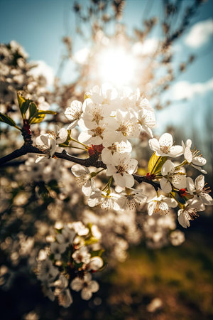 White blooming flowers on a tree branch at sunset close-up. The concept of spring. AI generatingの素材