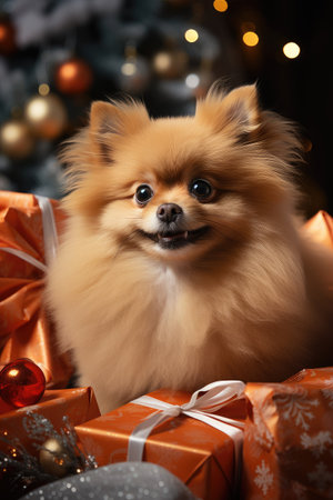 Cute Pomeranian dog next to the gift boxes, Christmas lights. AI generatingの素材