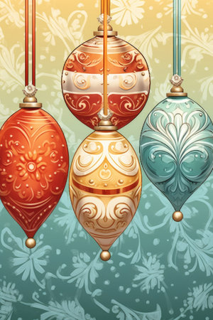 Illustration in retro style. Christmas balls of different shapes. Card for New Year. AI generatingの素材