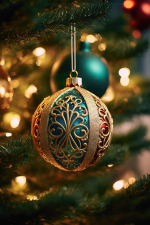 Elegant Christmas ball hanging on the Christmas tree. Greeting card for Christmas. AI generatingの素材