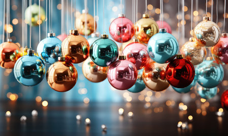 A holiday card with stylish shiny Christmas balls. Christmas decorations. AI generatingの素材