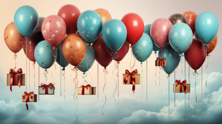 Illustration of flying gift boxes with balloons in the sky. Concept of celebration. AI generatingの素材