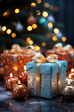 Christmas bright gift box on bokeh background from Christmas lights. greeting card. AI generating.の素材