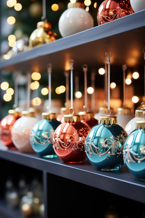 Shiny Christmas balls on the shelf in the store. The concept of preparing for the New Year.の素材
