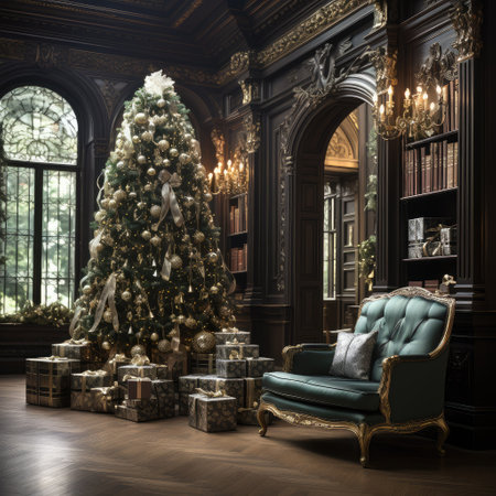 Luxury interior with sofa and Christmas tree. Interior design on New Years Eve and Christmas. AIの素材