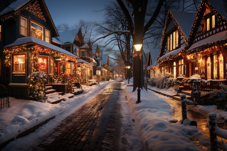 New Years Eve, snowy street is decorated with Christmas lights.の素材