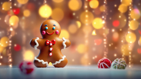 New Years background. Funny ginger man on a bright Christmas background with a side of lights.の素材