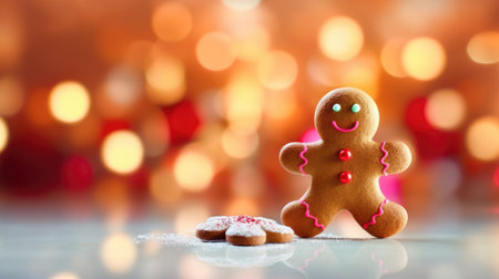 New Years background. Funny ginger man on a bright Christmas background with a side of lights.の素材