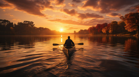 Landscape of early morning, a lonely boat floating on the smooth water of the river. Travel, relaxの素材