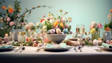 Festive Easter lunch. Beautifully laid table, with Easter eggs and spring flowers. Happy Easterの素材