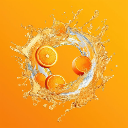 Splashes of orange juice on an orange background.の素材
