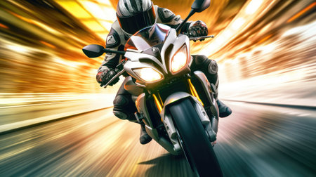 A motorcyclist in full uniform rides at high speed on a sports motorcycle. Motorsportの素材