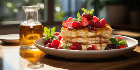 Delicious pancakes are stacked on a plate with fresh berries and poured with maple syrup. Breakfastの素材