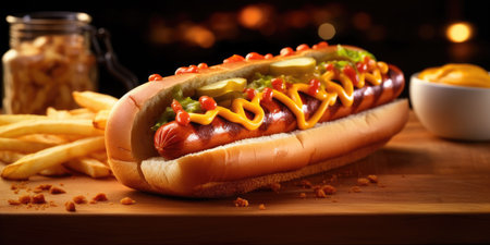 Delicious hotdog, sausage in bread close-up with French fries. Fast food. Menuの素材