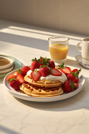 Belgian waffles with cream and fresh strawberries on the kitchen table. Breakfast.の素材