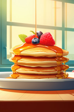 Delicious pancakes are stacked on a plate with fresh berries and poured with maple syrup. Breakfastの素材