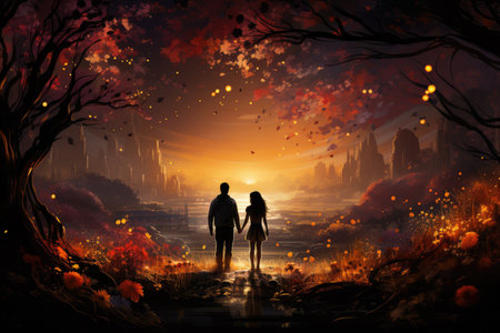 A young beloved couple is standing in a magical park. love, wedding, Valentines day.の素材