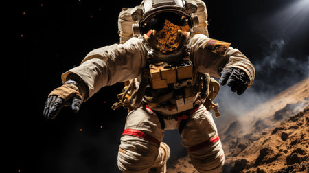 An astronaut in a space suit, spacesuit flies in weightlessness in outer space. Space explorationの素材