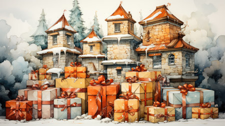 New Years boxes with gifts with a bright ribbon and bow. Christmas, New Years saleの素材