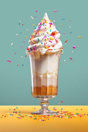 Delicious milkshake in a tall glass with whipped cream and toppings.の素材