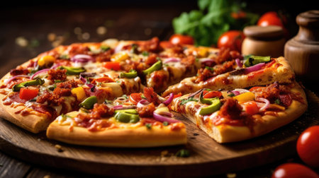 Appetizing pizza on a wooden table. Italian cuisine, restaurant menu.の素材