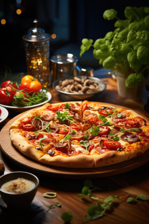 Appetizing pizza on a wooden table. Italian cuisine, restaurant menu.の素材