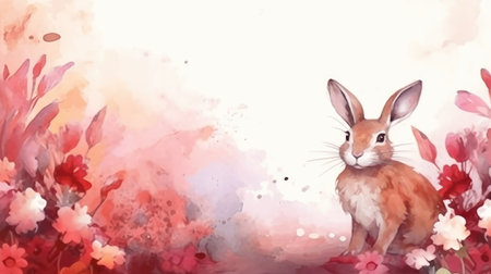 Cute brown rabbit in watercolor style. Spring, happy Easter. Copy spaceの素材